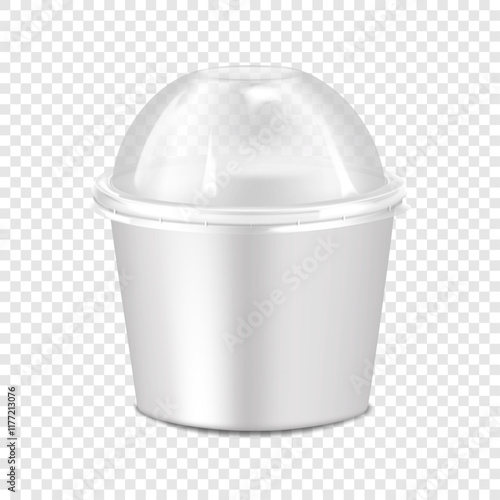 White paper cup with clear plastic dome lid. 3d mockup. Disposable paperboard takeaway to go food round container. Realistic vector mock-up. Takeout bowl packaging. Template for design