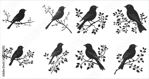 Abstract bird on a branch silhouettes, Wildlife bird silhouette vector, Set of bird on a branch silhouettes, Vector of birds sitting on branch silhouettes, Black and white bird silhouette on a branch