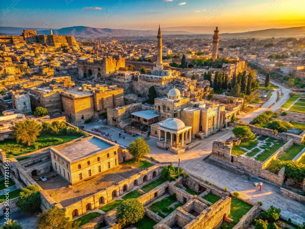 Obraz premium Aerial View of Syrian Landscape, Ancient Ruins and Modern Cityscape