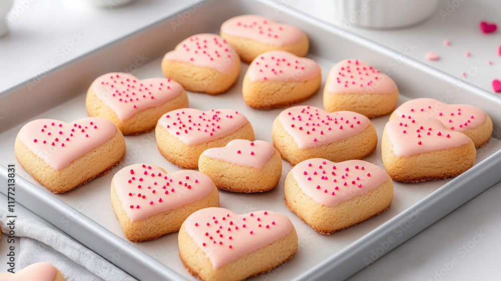 Freshly baked heart shaped cookies with pink icing and sprinkles, perfect for celebrations or gifts. These delightful treats are sure to bring joy and sweetness to any occasion Freshly baked heart shaped cookies with pink icing and sprinkles, perfect for celebrations or gifts. These delightful treats are sure to bring joy and sweetness to any occasion