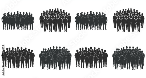 Silhouettes of a large crowd of people, Crowd of people silhouettes vector collection, Silhouettes of people in a crowd during a festival, Group of people silhouettes forming a large crowd