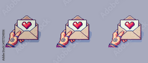 Pixel art of a hand holding an open envelope with a red heart inside on a light purple background for Valentine's Day.
