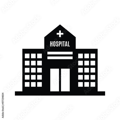 Hospital building black and white flat vector icon and symbol design