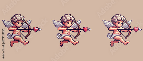 Pixel art of a cute cupid angel with heart-tipped arrow flying in the sky, symbolizing love and romance.