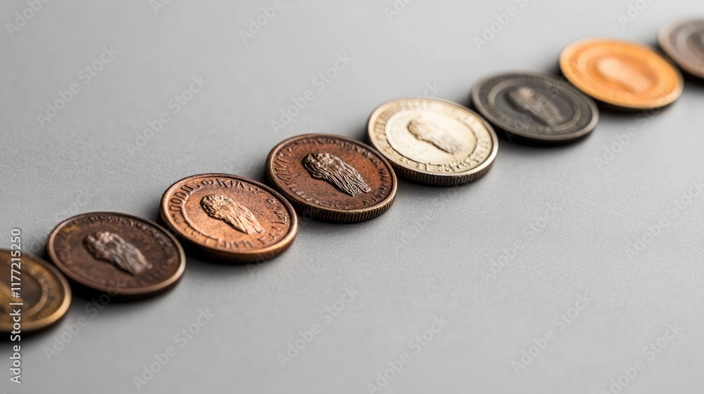 Coins of various metals arranged in straight line Coins of various metals arranged in straight line