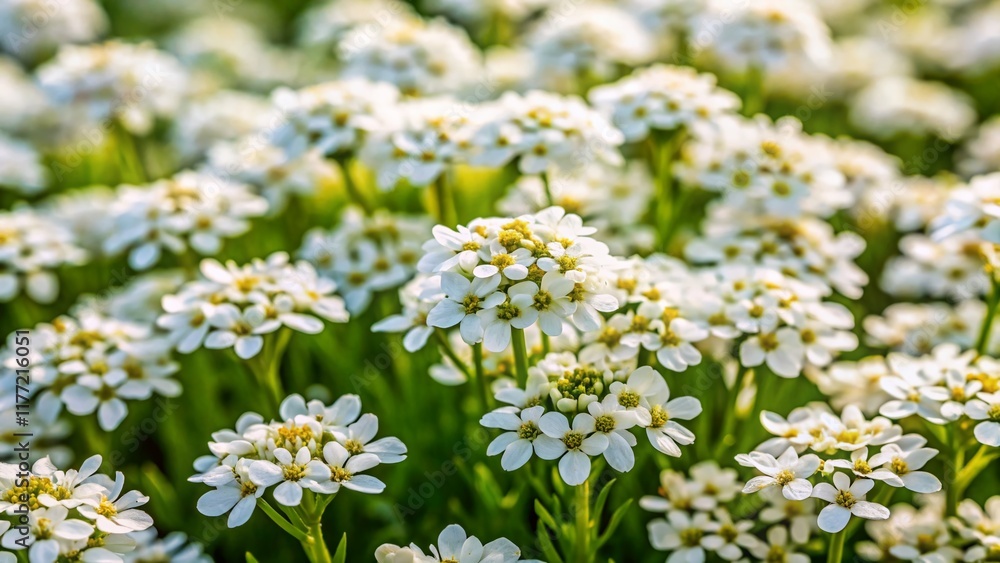 Aerial View of White Iberis Amara Empress Flowers Blooming in a Field Aerial View of White Iberis Amara Empress Flowers Blooming in a Field