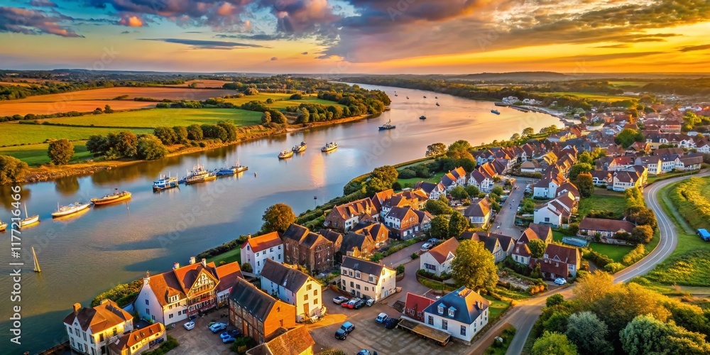 Fototapeta premium Aerial View of Wivenhoe, Essex, England: River, Houses & Landscape
