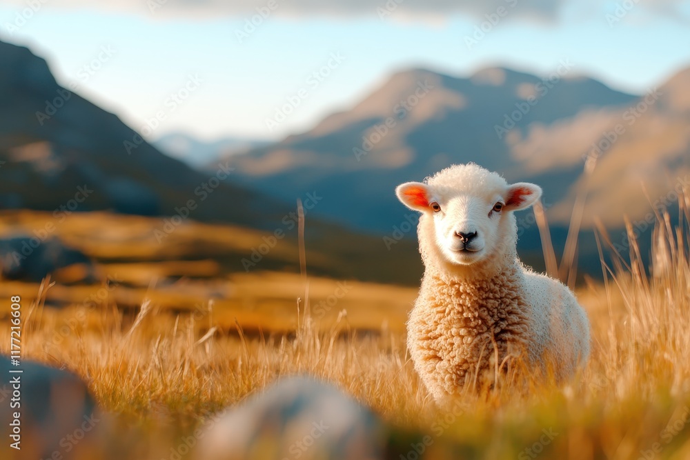 Fototapeta premium A sheep grazes in a golden field during sunset, capturing the magical twilight moment, showcasing the beauty of nature and the simplicity of rural life.