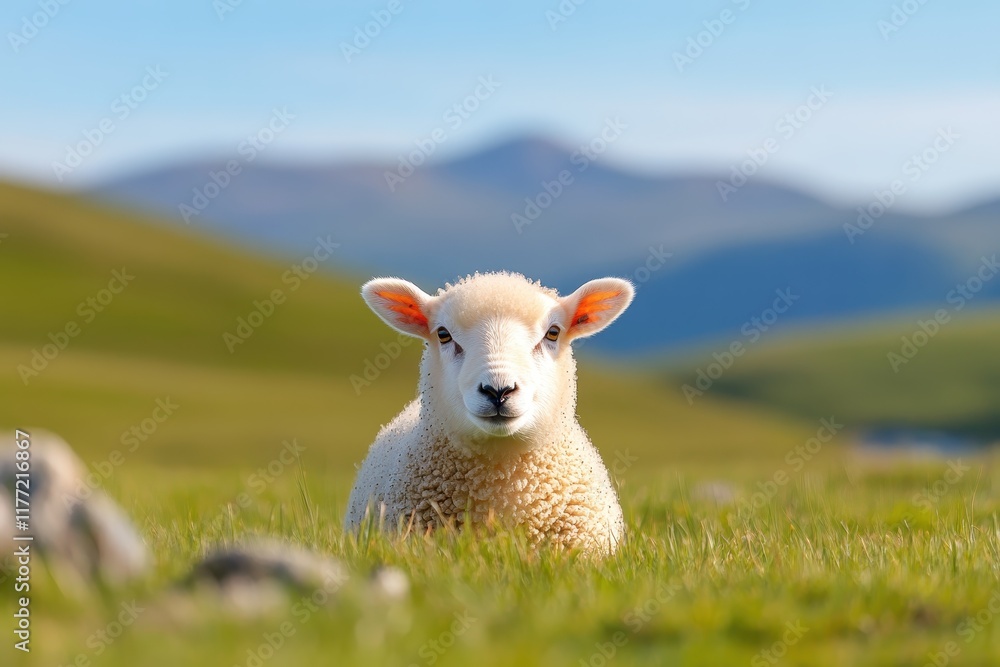 A sweet young lamb lies comfortably on the verdant grass, with rolling hills in the background, invoking feelings of warmth and simplicity in a serene rural setting. A sweet young lamb lies comfortably on the verdant grass, with rolling hills in the background, invoking feelings of warmth and simplicity in a serene rural setting.
