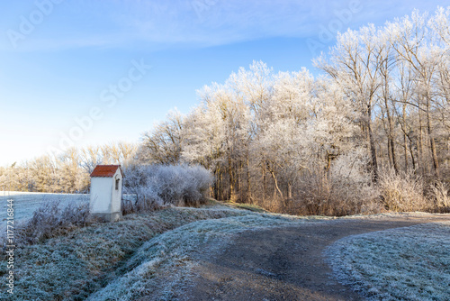 Obraz na płótnie A dirt road in the countryside. A cold winter morning in Central Europe. w salonie