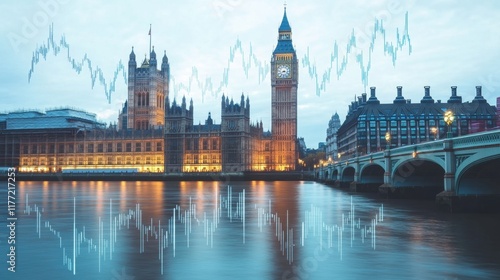 A financial graph rising alongside a parliament building, representing growth and governance in a modern context.