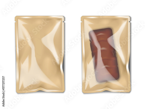 Sachet bag with kraft brown paper back and clear plastic front. 3d mockup. Blank transparent tear notch packet. Realistic vector mock-up. Easy editable. Individual pouch package. Template for design