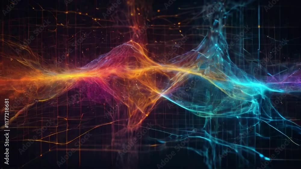 A dynamic grid of glowing particles connected by dotted lines, simulating the flow of data through a neural network with pulsing waves of light, 4k High-Quality Technology background animation video A dynamic grid of glowing particles connected by dotted lines, simulating the flow of data through a neural network with pulsing waves of light, 4k High-Quality Technology background animation video