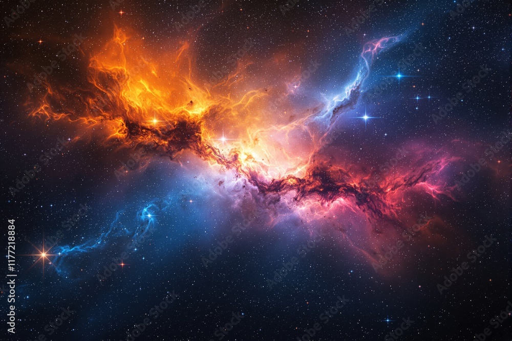 Obraz premium Cosmic nebula featuring vibrant orange, blue, and pink hues with glowing stars scattered in a space background. Concept of celestial beauty. Ai generative