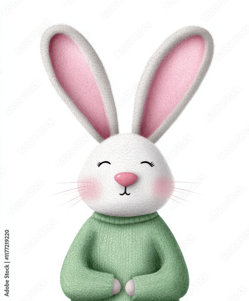 Obraz premium Happy Valentine's day watercolor cute clipart concept, Cute cartoon rabbit with large ears, smiling gently, dressed in a green sweater, exuding a friendly and cheerful demeanor.