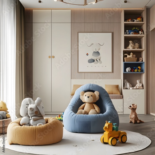 Interior of modern childrens room featuring colorful toys and stylish functional furniture design