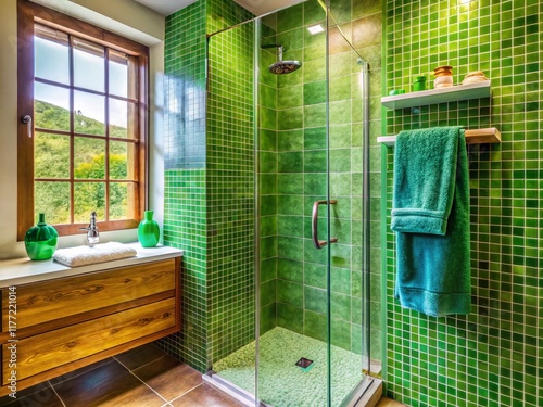 Airbnb Bathroom: Luxurious Tiled Shower with Green Towel & Soap photo