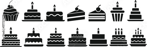 Cake icon set. Symbol of the holiday, birthday. Festive cake with a candle. vector illustration