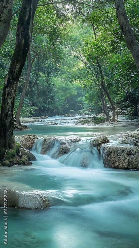 Naklejka premium peaceful green forest with river flowing through trees