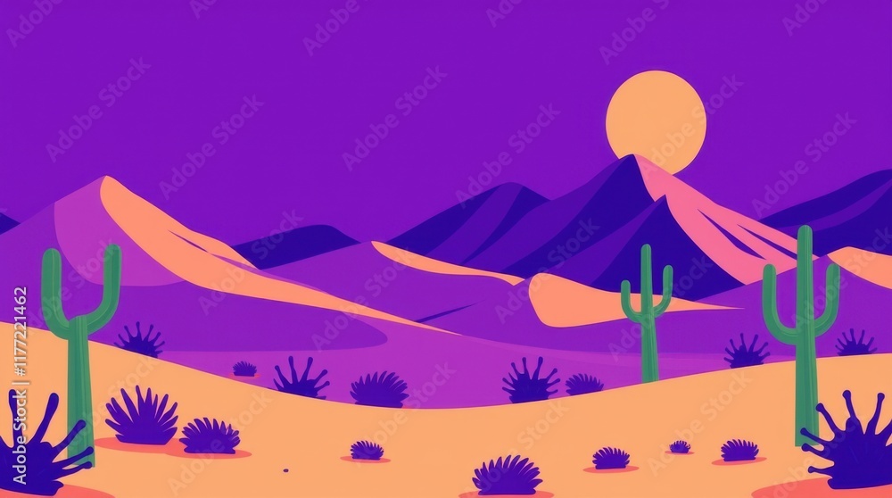 Fototapeta premium Vibrant desert illustration with cacti and mountains, purple sunset