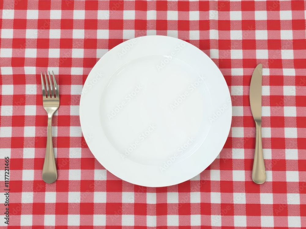 Clean empty plate on classic red and white checkered tablecloth, retro, gingham, blank Clean empty plate on classic red and white checkered tablecloth, retro, gingham, blank