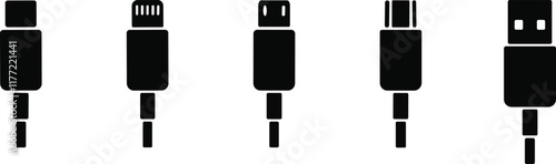 USB cable port icon set. USB type C, A, lightning and micro mobile phone charger vector illustration collection. Plug adapter symbol. Electronic device connector. Smartphone charger sign.