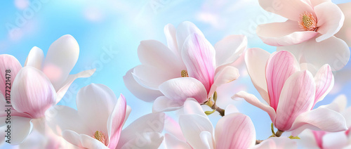 Delicate pink magnolia blossoms against a bright blue sky. (1)