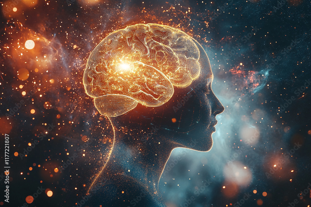 Digital human profile with glowing brain and neural connections