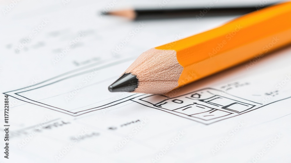 Close-up of sharpened pencil on sketch plan, highlighting creativity and design work