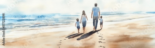 Family walks along the beach during a sunny day with watercolor background capturing a candid moment