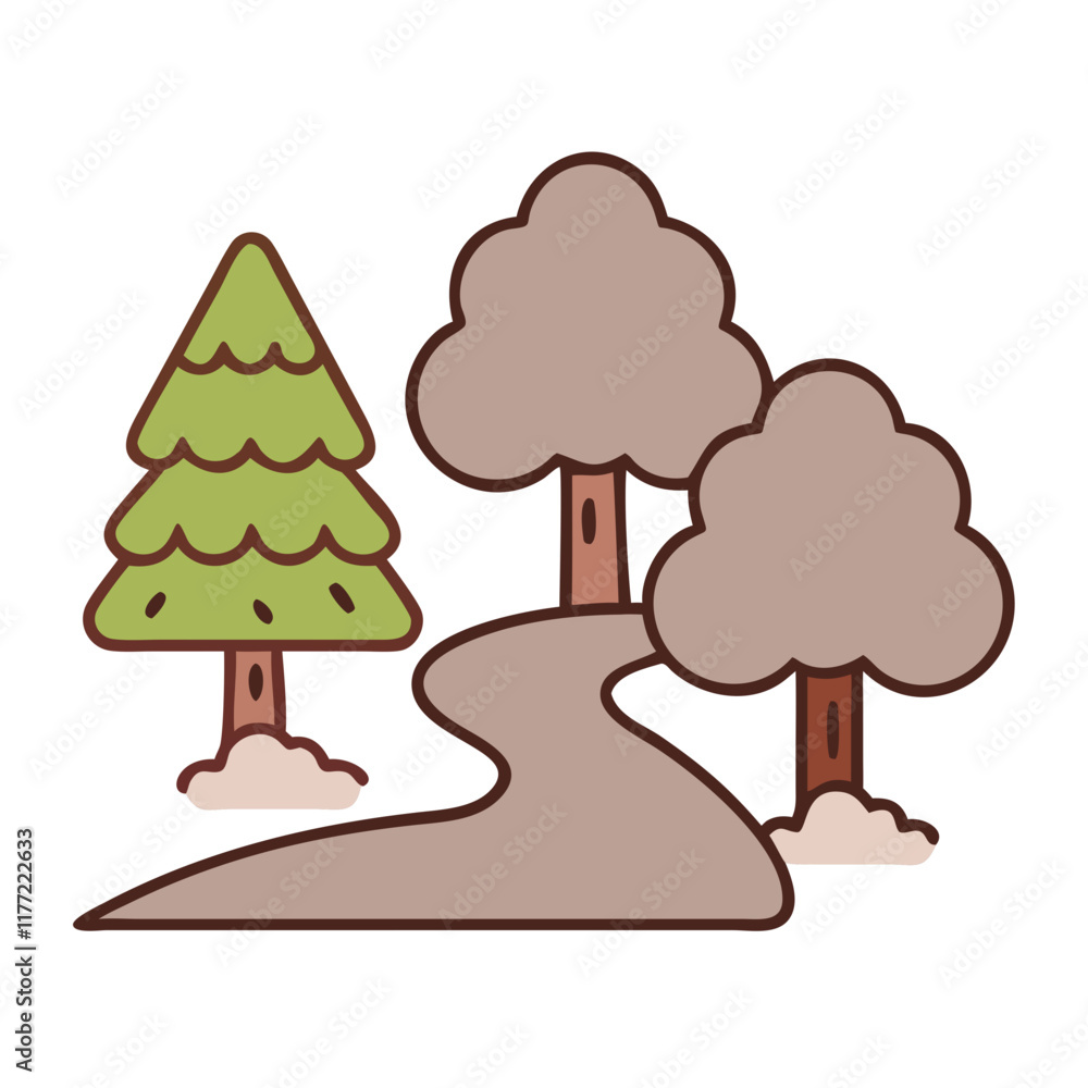 Forest path icon with trees in green and beige tones Forest path icon with trees in green and beige tones