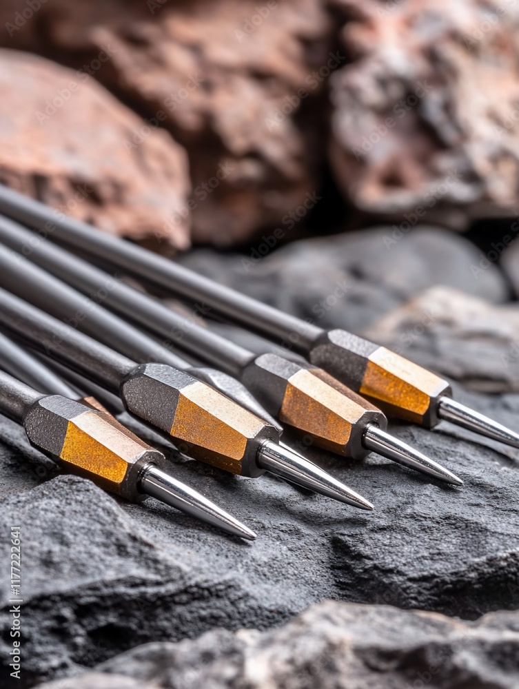 Fototapeta premium Close-up of sharp, metallic, pointed tools on rocks.
