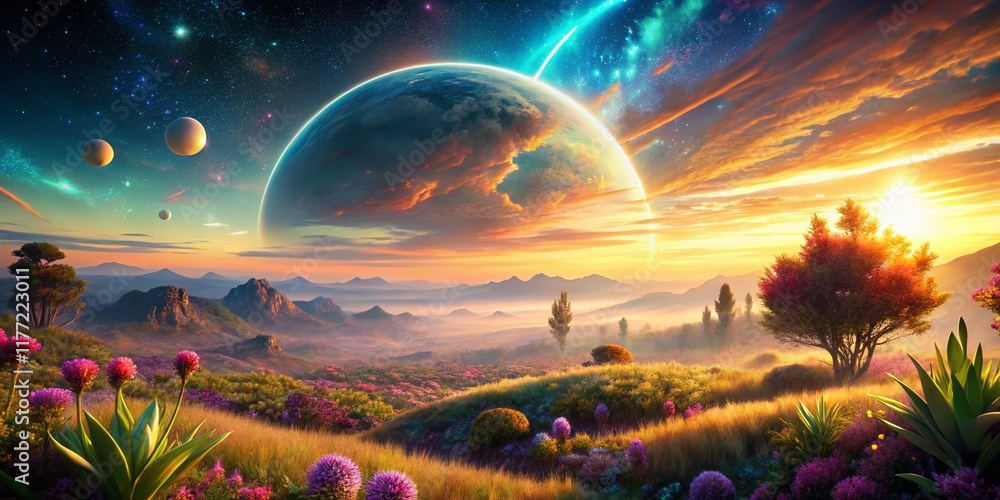 Obraz premium Alien Planet Landscape with Bokeh Effect: Dreamlike Nebula and Extraterrestrial Flora