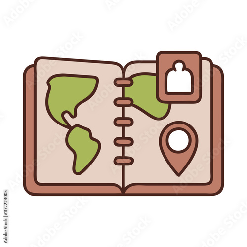 Travel journal icon with a map in beige and green tones for design