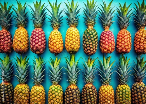 Aligned Pineapples: A Vibrant Row of Tropical Fruit
