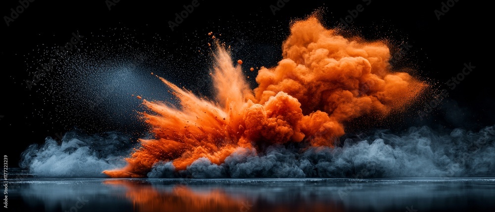 Fototapeta premium Dramatic Orange and Gray Powder Explosion Abstract Art Colorful Smoke Cloud Burst