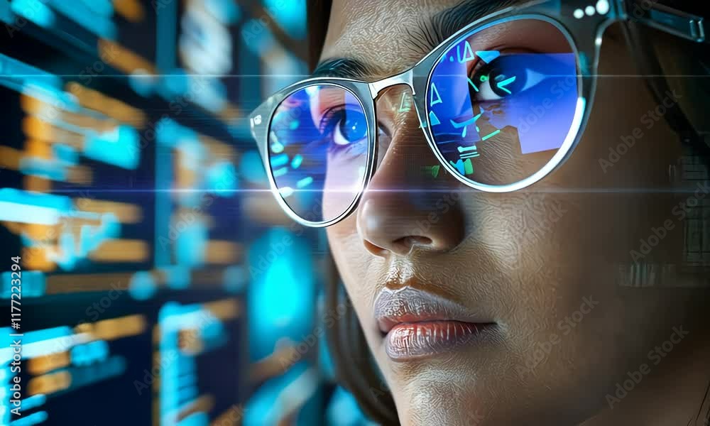 Woman with Glasses Reflecting a Futuristic Digital World Woman with Glasses Reflecting a Futuristic Digital World