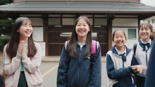 A happy young Japanese woman is excited to start a new school year
