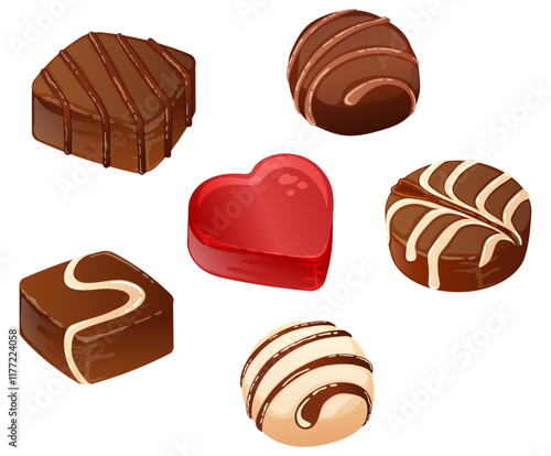 Celebratory Valentine Chocolate Candy Assortment with Milk, Dark and White Chocolates. Confectionery Delights Detailed Illustration