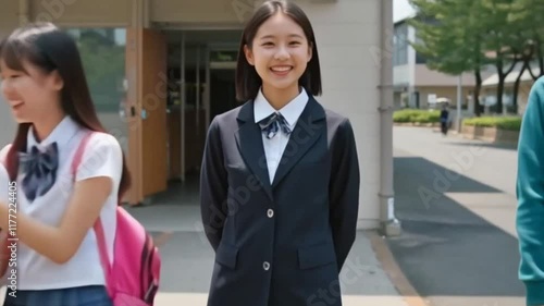 A happy young Japanese woman is excited to start a new school year