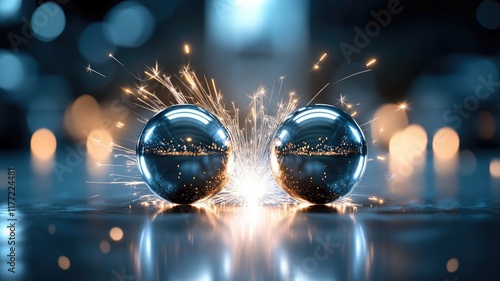 Two metallic spheres generating sparks in dark, ambient environment