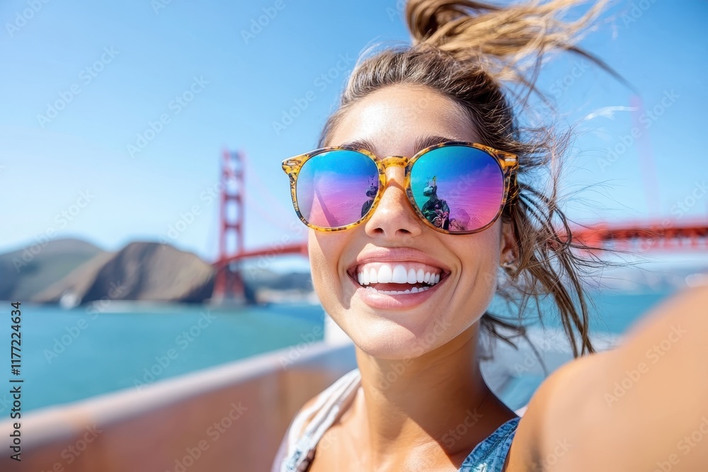 A vibrant image capturing a smiling woman with sunglasses, standing in front of the Golden Gate Bridge, highlighting the joy of travel and beautiful scenery. A vibrant image capturing a smiling woman with sunglasses, standing in front of the Golden Gate Bridge, highlighting the joy of travel and beautiful scenery.