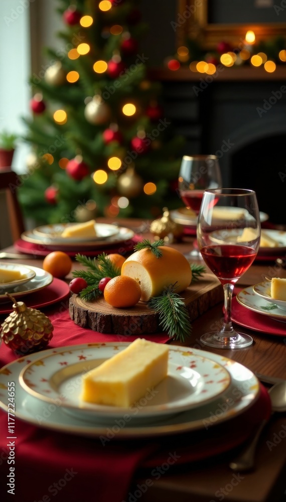 Naklejka premium A festive Christmas spread on the dining table, Turkey, holly, Christmas centerpiece