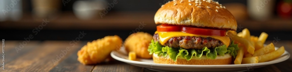 A juicy hamburger on a plate with golden brown fries and nuggets in the background, food, nuggets, cuisine A juicy hamburger on a plate with golden brown fries and nuggets in the background, food, nuggets, cuisine