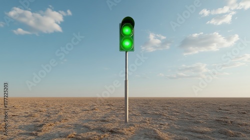 Green traffic light standing alone in dry, desert landscape under clear sky photo