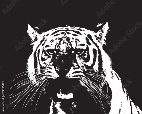 This high-contrast illustration captures the fierce and majestic nature of a tiger through a striking black and white minimalist style