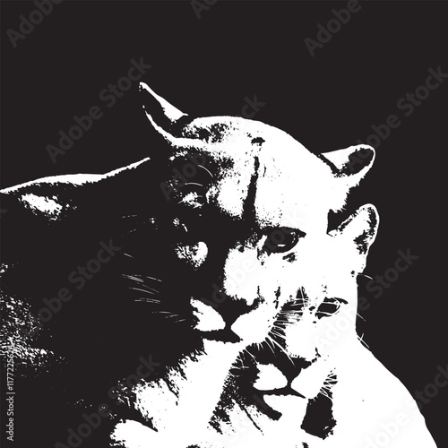 Two panther heads resting together, emphasizing their striking features against a black background, high-contrast black and white illustration 