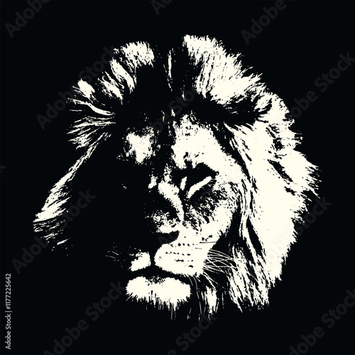 Majesty and power of a lion's face, featuring a detailed mane and striking features, black and white illustration 