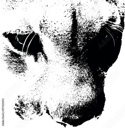 Details of a cat's face, highlighting its fur, eyes, and whiskers,  high-contrast black and white illustration