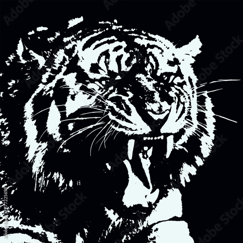 Powerful and majestic nature of a tiger with its sharp teeth and intense gaze,  high-contrast black and white illustration
